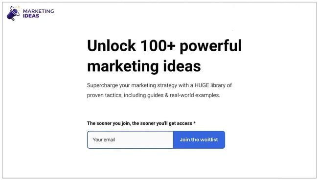 marketingideas.com waitlist signup form with headline and email field.